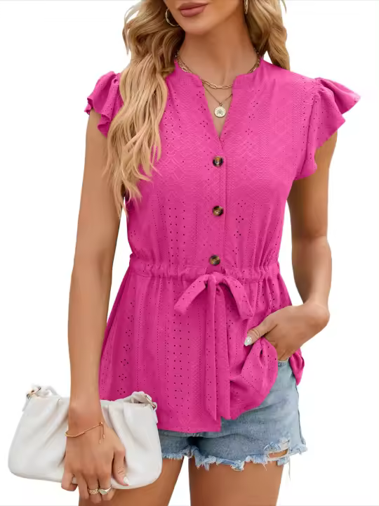 Camiseta holgada vintage para mujer con cuello en V sin mangas moda coreana botones de color sólido - 1