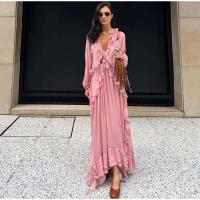 Vestido largo Irregular de gasa con volantes y escote en V profundo para mujer, Vestido holgado liso con mangas abullonadas elegantes, Vestido de calle alta para mujer 2025 - details 2