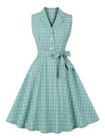 Vestido de Algodón a Cuadros Vintage Hepburn Collar Encajado, Manga sin Botones, Moda de Verano para Mujeres - details 9