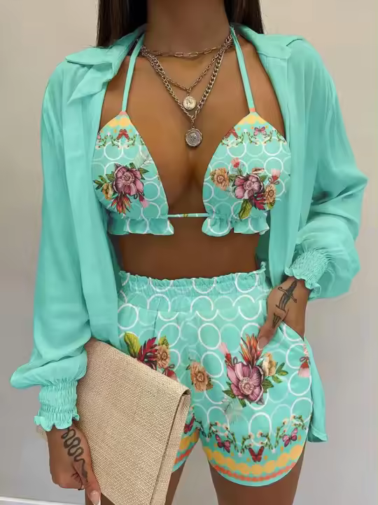 Conjunto de Bikini de Cintura Alta para Mujeres Traje de Baño Amarillo con Estampado - 1