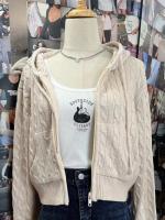 Cárdigan de punto con flores retorcidas para mujer, suéter de manga larga con capucha y cremallera, abrigo corto, ropa de calle, suéteres de moda, - details 3