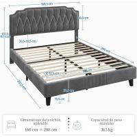 Marco de cama con cabecera tapizada, altura ajustable, soporte de láminas de madera y patas metálicas, color gris oscuro. - details 34
