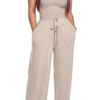 Mono ahumado de color sólido con hombros descubiertos, mono de pierna ancha sin tirantes para mujer con bolsillo - details 10
