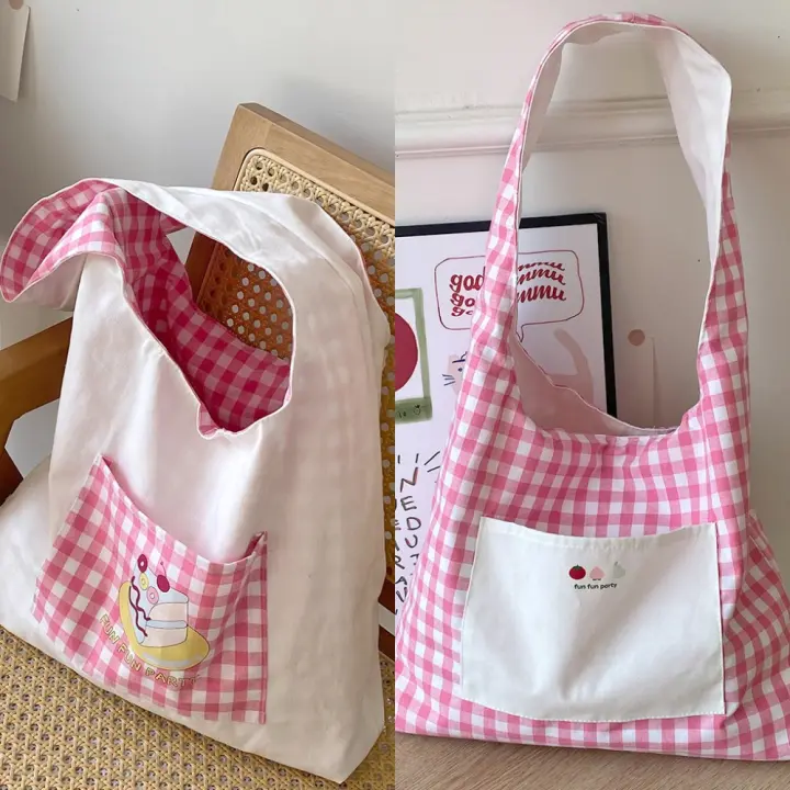 Bolso Vintage de dos caras a cuadros para mujer, bolso de hombro con entramado de ocio de estilo japonés, bolso de mano de lona para ir al trabajo al aire libre - 1