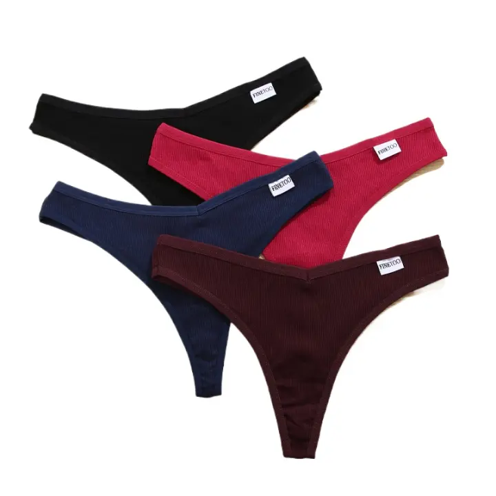 4 Uds., ropa interior lisa de algodón a rayas para mujer, bragas sexis con cintura en V, Tanga para mujer, Bikini cómodo y suave con espalda en T, M-XL - 1