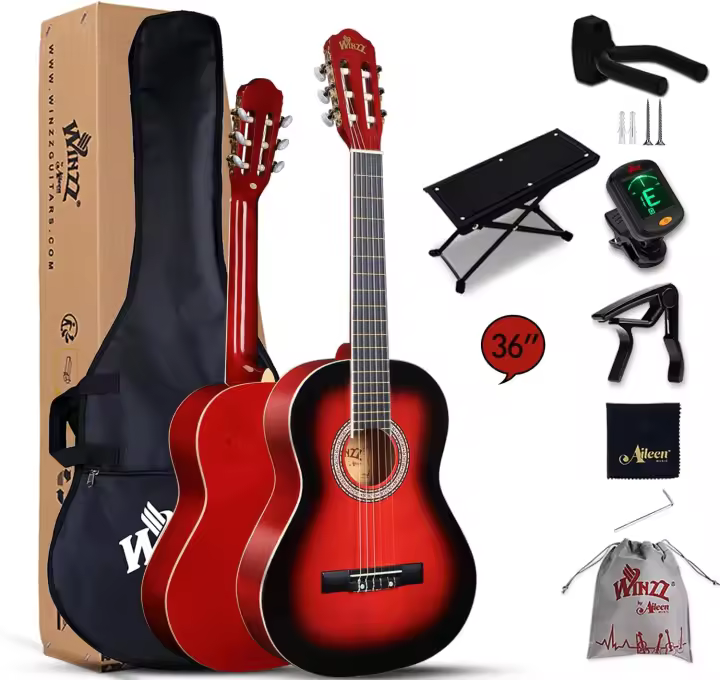 Clásica 4/4 Starter Kit 39" para Principiantes con Reposapiés, Soporte con Ganchos de Pared, Diapasón, Afinador, Funda, Paño de Pulir - 6 Cuerdas de Nylon, Negro Brillante - 1