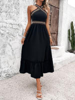 Vestido casual de verano sin mangas para mujer, sin espalda, bohemio, con abertura en la playa, negro - details 3