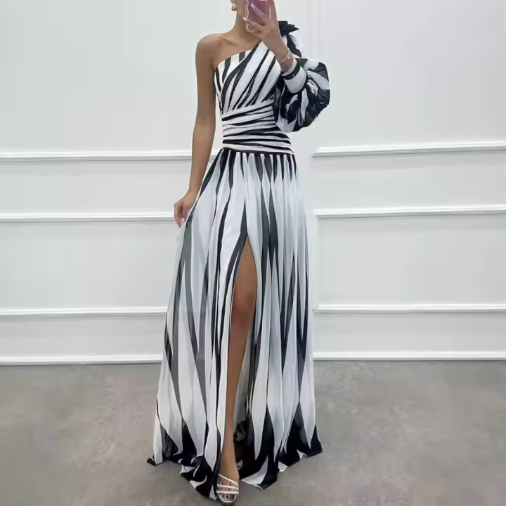 Elegante Vestido de Gala para Mujer Estampado a Rayas Un Hombro con Mangas Largas - 1