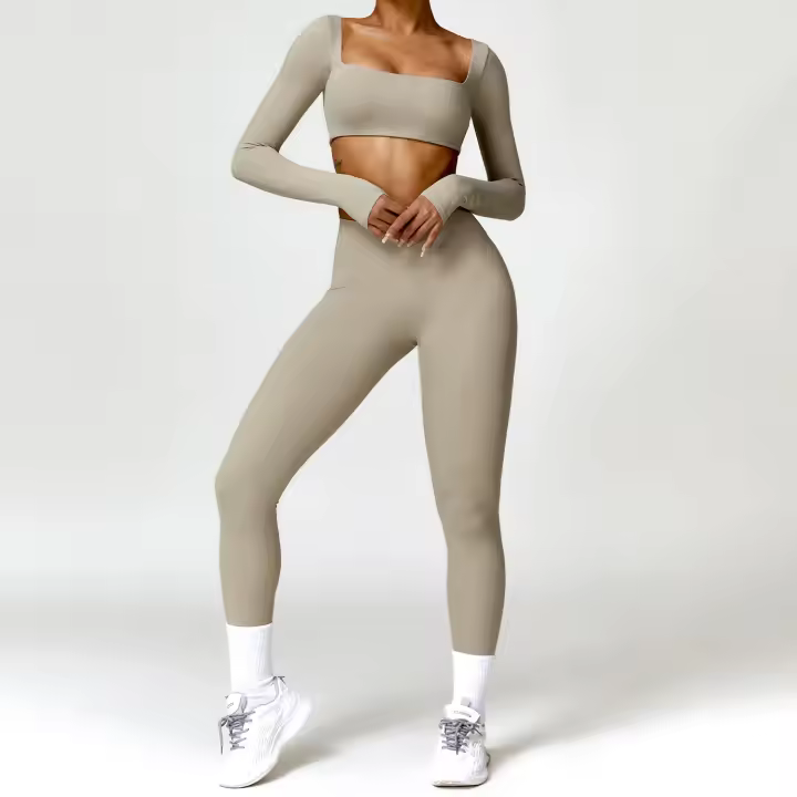 Conjunto de Yoga para Mujer de Manga Larga y Ajustado Traje Deportivo de Fitness de Cintura Alta Secado Rápido Top Largo + Leggings Material Exterior de Nylon Adecuado para Primavera/Verano - 1