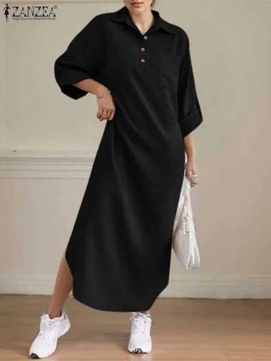 ZANZEA-vestido camisero holgado para mujer, Vestidos largos informales lisos con cuello vuelto para ir al trabajo, dobladillo redondeado de primavera - 1
