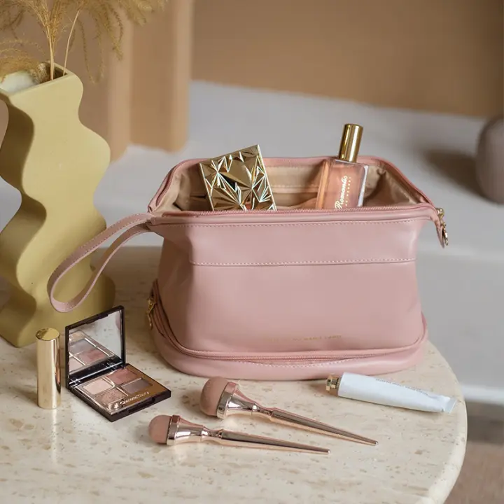 Bolso De Maquillaje Multifuncional Para Mujer De Cuero PU Gran Capacidad Con Doble Cremallera Portátil Para Viajes Almacenamiento De Brochas Y Artículos De Higiene Personal - 1