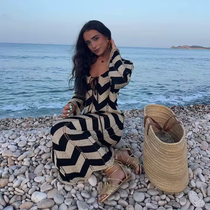 Vestidos a rayas para mujer, vestido de playa de encaje de manga larga para mujer, ajustado de punto - 1