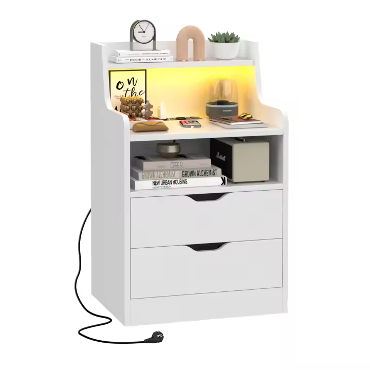 Rcynview Mesa de Noche de Madera Rectángula, Profundidad de 35cm, Ancho de 45cm, 2 Cajones, 2 Puertos USB, Ensamblaje Requerido - 1