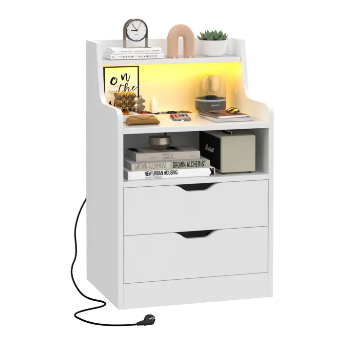 Rcynview Mesa de Noche de Madera Rectángula, Profundidad de 35cm, Ancho de 45cm, 2 Cajones, 2 Puertos USB, Ensamblaje Requerido - 1