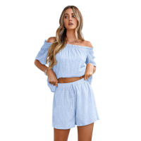 Conjunto de dos piezas de manga corta holgado de color sólido con hombros descubiertos informal para mujer, nueva colección primavera verano - details 24