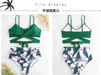 Traje de baño dividido de cintura alta para mujer, bikini multicolor con estampado de cuello halter cruzado - details 26