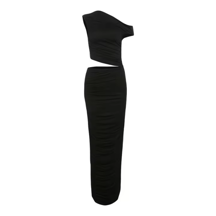 BUNO-vestido de hombro inclinado para mujer, Sexy, sólido, hueco, Irregular, volantes, sin mangas, elegante, ajustado, fiesta, Verano2 - 1
