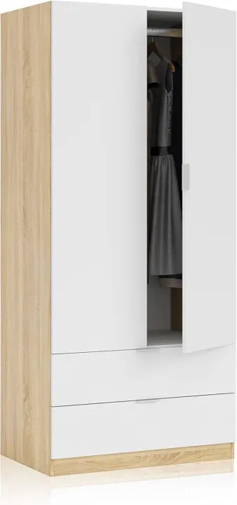 Armario de 2 Puertas y 2 cajones, Modelo Lark, Acabado en Color Blanco Artik, Medidas: 81 cm (Ancho) x 180 cm (Alto) x 52 cm (Fondo) - 1