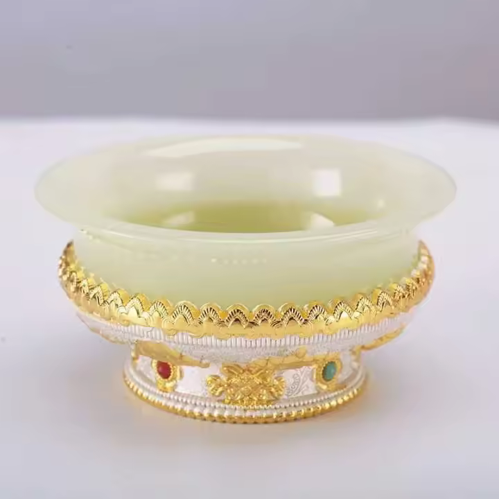 Platos dorados tibetanos Ghee aleación de Zinc taza de agua bendita tántrica 10cm tamaño grande grabado budista cuenco de piedra regalo escritorio - 1