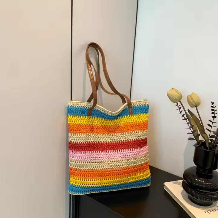 Bolso de hombro a rayas para mujer, Bolsa de paja tejida a mano, Bolsa de mano casual portátil de gran capacidad - 1