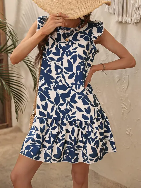 2025 Primavera/Verano Nueva Falda Suelta para Mujer Cuello Redondo Moda Impreso Manga Corta Ds - 1