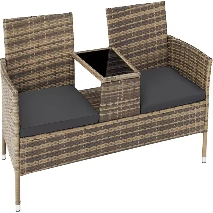 Banco de poliratán con cojines, Muebles Jardin Exterior, Mesa Cristal Integrada, Fácil de Limpiar, Conjunto Jardin Exterior, Muebles Terraza, Sillones Jardin Exterior - Natural/Gris Oscuro - 1