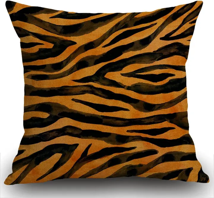 Funda de cojín de piel de animal con diseño de tigre negro, amarillo, naranja, marrón, rayas, vida salvaje, funda de almohada cuadrada de lino de algodón para el hogar, sofá, 45.7 x 45.7 cm - 1