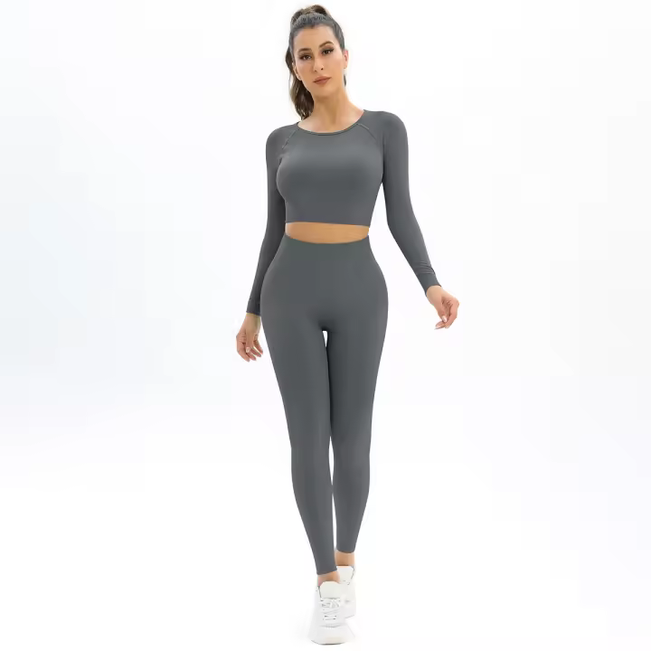 Conjunto de Yoga sin Costuras Ropa De Gimnasio para Mujeres Top Corto de Manga Larga - 1
