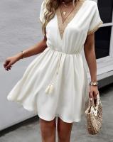 Vestido midi de manga corta con estampado floral para mujer, elegante vestido informal de verano con cuello de pico - details 3