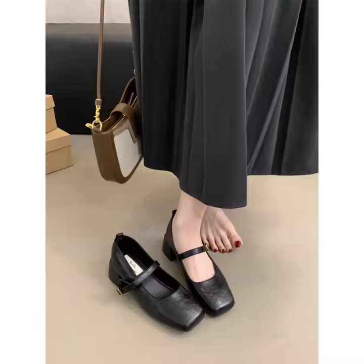 Francés retro cabeza cuadrada boca poco profunda solo zapatos femeninos 2025 tacón medio tarde noche temperamento hadas tacón grueso Mary Jane pequeños zapatos de cuero - 1