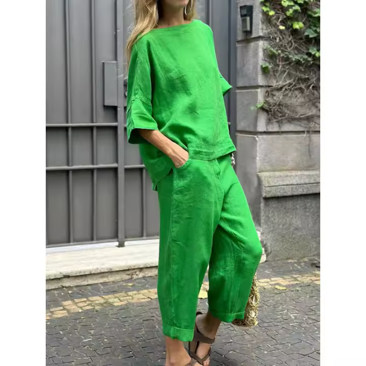 Conjunto de verano de 2 piezas para mujer, talla grande, camisa de lino y algodón, traje con pantalones largos sueltos de cintura alta - 1
