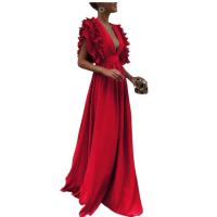 Vestido largo de color sólido para mujer con diseño de mangas voladas, cuello en V y escote trasero descubierto, ideal para eventos de cena. - details 1