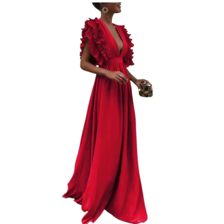 Vestido largo de color sólido para mujer con diseño de mangas voladas, cuello en V y escote trasero descubierto, ideal para eventos de cena. - 1