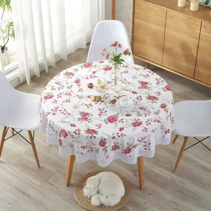 Mantel impermeable de PVC para Hotel, resistente al aceite, grande, Circular, cubierta de mesa redonda de plástico con dobladillo de encaje - 1