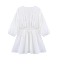 Vestido Mini de Bordado Hueco de Primavera 2025 Manga Abullonada Vestido Blanco de Verano A-line de Cintura Delgada - details 1