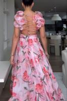 Vestido Largo de Fiesta Étnico con Volantes - Tul Floral Estampado Tropical, Tirantes Finos Ajustables - Elegante Vestido de Noche para Bodas, Fiestas de Verano 2025 - details 5