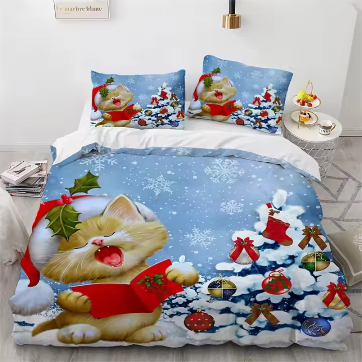 Conjunto de Cama de Navidad Merry Christmas Dulce Sueño con Santa Claus y Gatos Tamaño Rey y Reina - 1