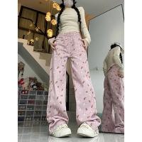 Pantalones vaqueros rosas Vintage de cintura alta para mujer, ropa de calle elegante a la moda americana, pantalones vaqueros de pierna ancha, pantalones femeninos con estampado, pantalones vaqueros holgados - details 5
