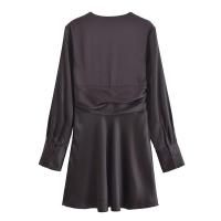 Mini vestido liso de satén de otoño para mujer, Vestidos informales de manga larga con cuello en V y cintura fruncida, Vestidos femeninos - details 13