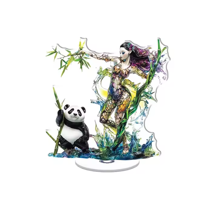La exhibición acrílica giratoria presenta una ninfa de vidrio cromático vibrante con ojos líquidos y un compañero panda en una delicada rama de vidrio. - 1