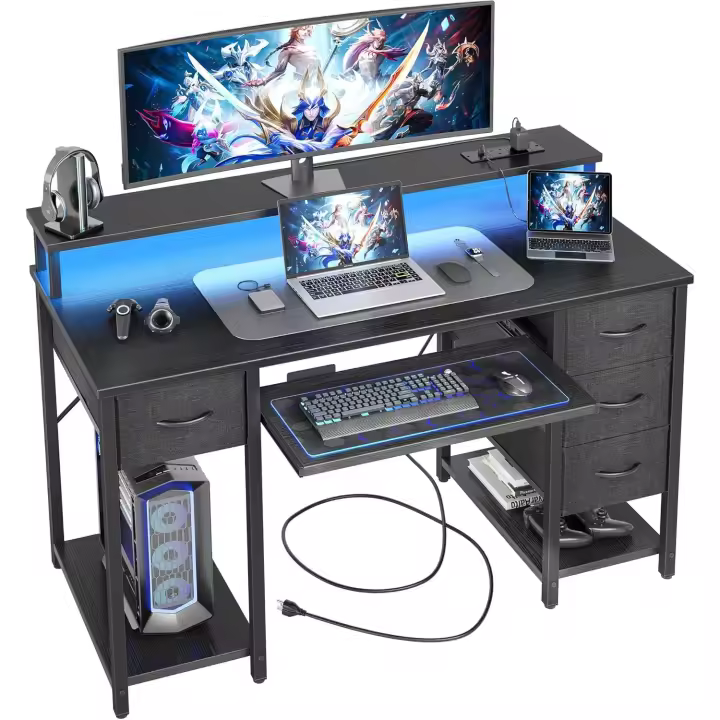 Escritorio Moderno LED con Regleta Enchufes - 120x50 cm Mesa Gaming Ordenador con Bandeja para Teclado, 4 Cajones Reversibles, Grande Soporte Monitor para Estudiar Jugar Trabajar Dormitorio - 1
