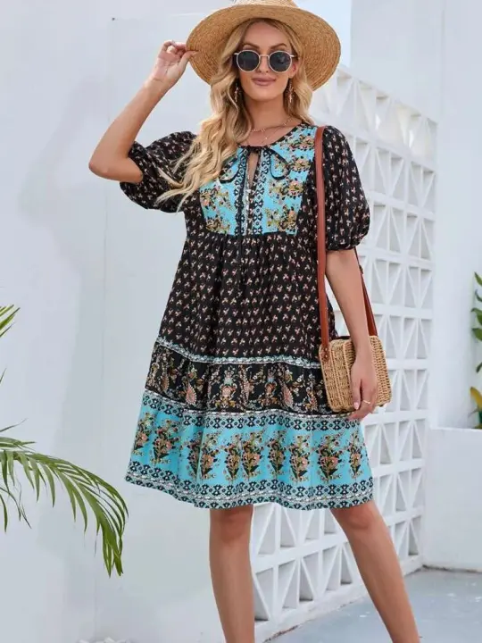 Moda Vintage bohemio para mujer verano estampado SFemale verde Casual vacaciones playa fiesta Vestido corto - 1
