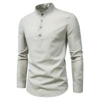 Camisas de manga larga de algodón y lino de primavera y otoño para hombre con cuello alto - details 4