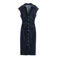 OUWU- Falda Vaquera De Manga Corta Plisada Para Mujer, Vestido Largo Ajustado De Color Liso, 2025 - details 1