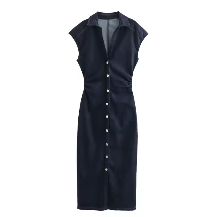 OUWU- Falda Vaquera De Manga Corta Plisada Para Mujer, Vestido Largo Ajustado De Color Liso, 2025 - 1