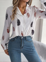 Blusa de manga larga con estampado de plumas para mujer, camisa blanca a la moda, Top informal para oficina, ropa elegante para mujer, novedad de otoño - details 4
