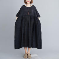 Elegante Vestido Negro de Algodón Vintage Manga Corta, Color Sólido, Moda Casual para Mujeres verano 2025 - details 11
