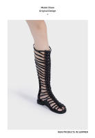 Nuevo verano botas romanas de malla de cuero alto para mujer, fondo plano ahuecado, cremallera trasera, botas geniales, sandalias largas tejidas - details 9