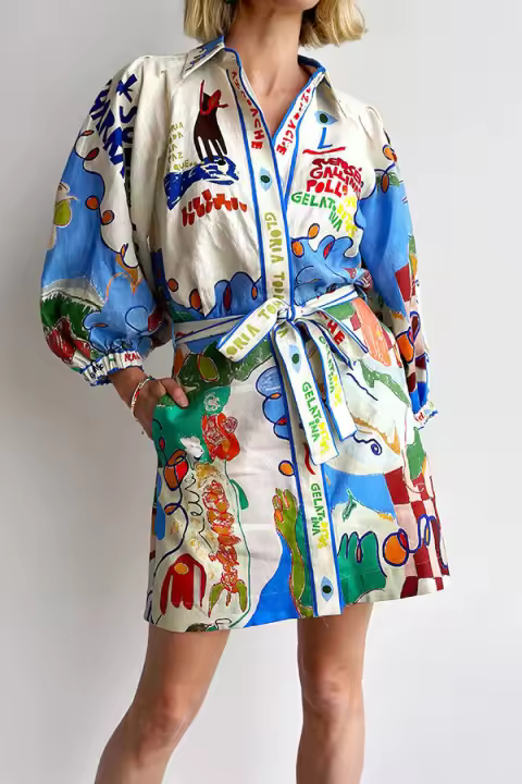 BUNO-Camisa estampada a la moda para mujer, vestido con cordones, primavera 20220, nuevo cárdigan informal holgado con botones y solapa, Vestidos cortos - 1