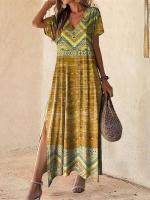 Para mujer, vestido largo con cuello en V a la moda, falda de manga corta diaria, vestidos con aberturas de estilo bohemio, ropa de verano para mujer - details 3